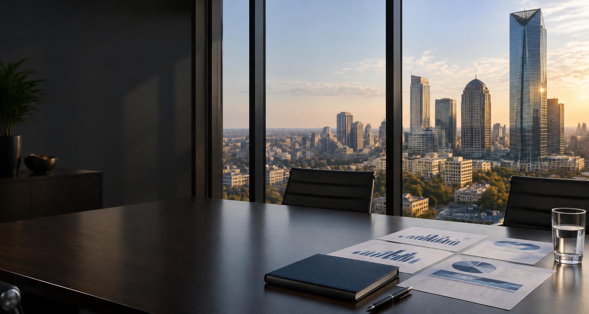 Financial reports in a boardroom overlooking a South African business district